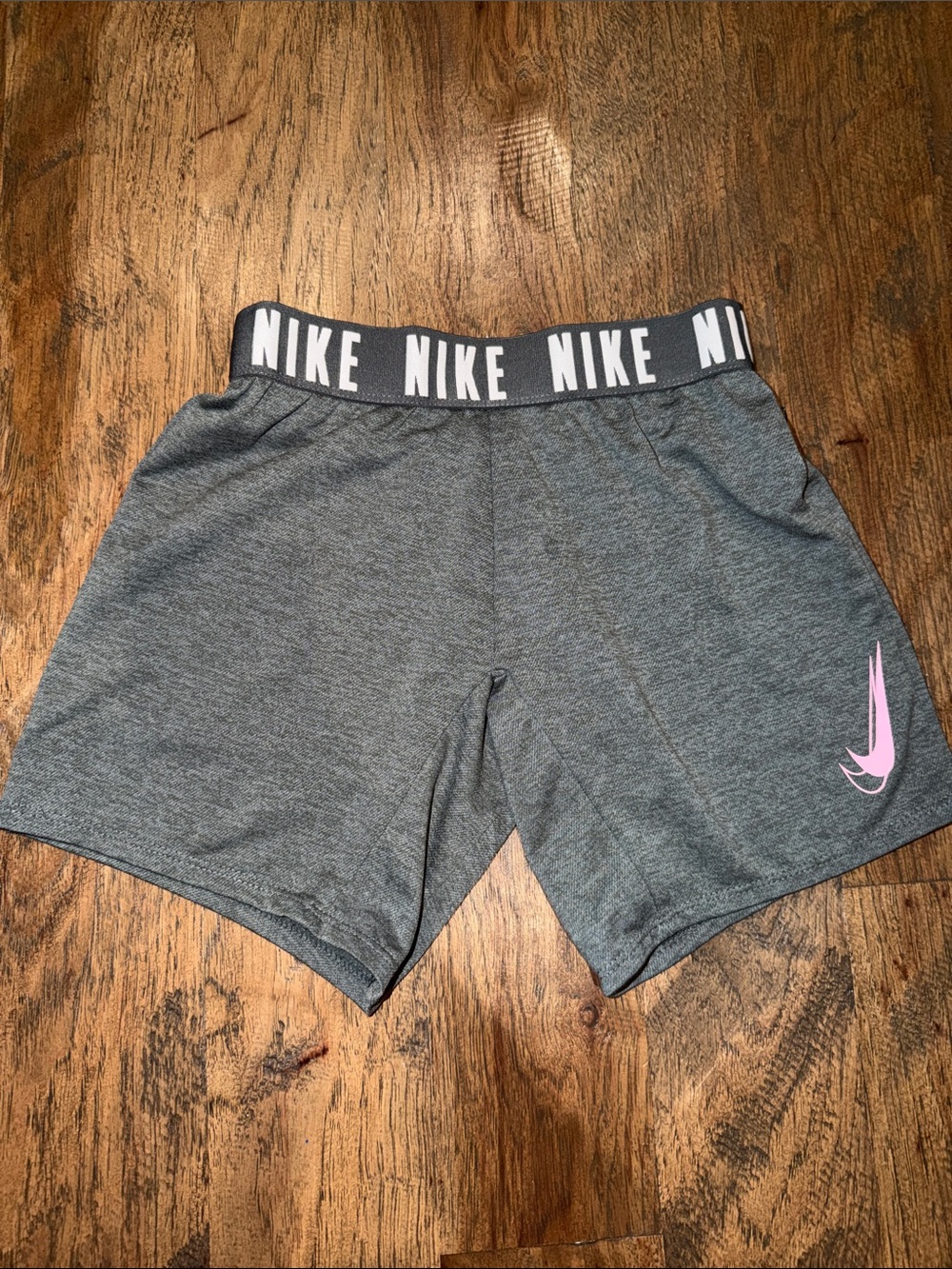 Nike Dri-Fit Girls XS Gray Athletic Shorts with Pink Swoosh